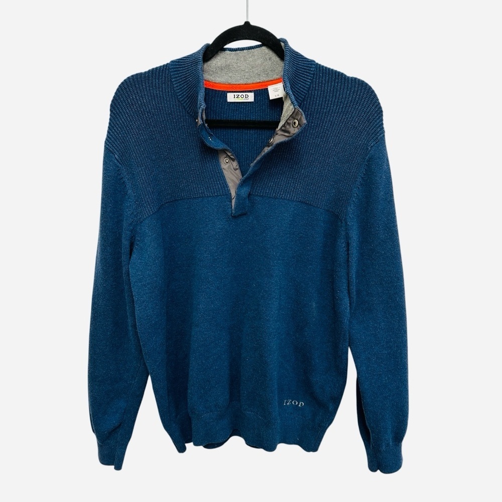 Men’s Izod Golf blue gray snap up collar sweater with elbow patches Size L